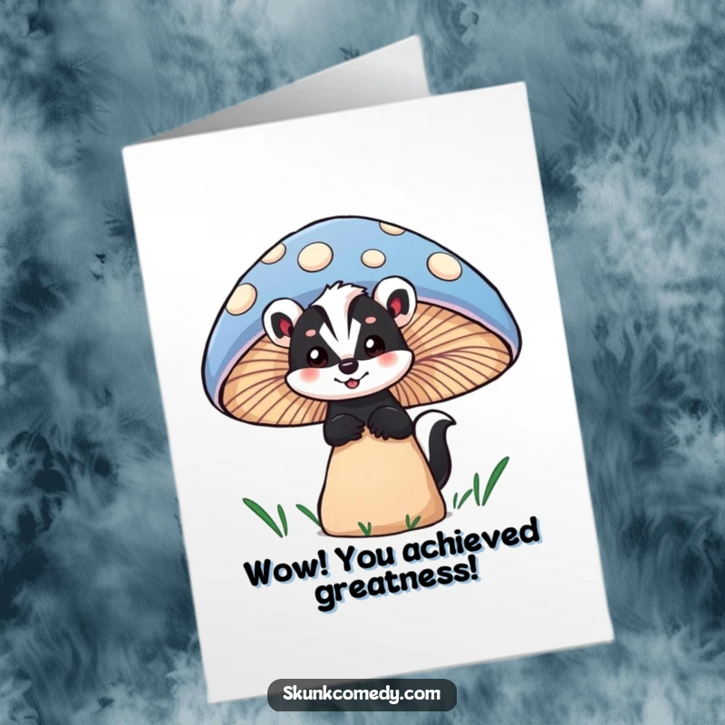 Funny Free Printable Congratulations Card showing a skunk's curious wonder as it peeks from behind a fantastical, colorful mushroom.