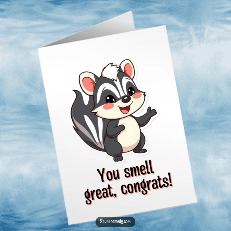 Funny Free Printable Congratulations Card with a cheerful skunk waving, ideal for printable celebrations.