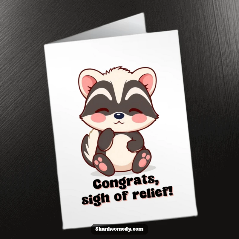 Funny Free Printable Congratulations Card with a kawaii skunk releasing soft puffs, conveying a contented sigh of happiness for their success.