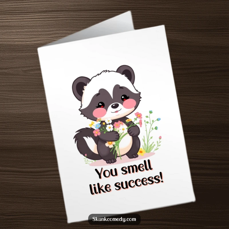 Funny Free Printable Congratulations Card: A skunk with adorable rosy cheeks holds a vibrant bouquet of wildflowers, celebrating achievements.