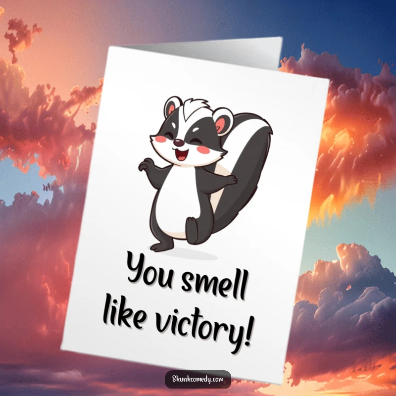 Funny Free Printable Congratulations Card: Skunk does a joyful jig, striped tail high, celebrating your fantastic news.