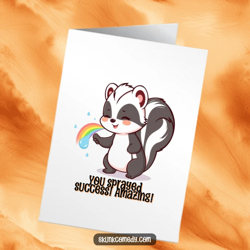 Funny Free Printable Congrats Card: A cheerful skunk happily spraying a beautiful rainbow, congratulating success with flair.