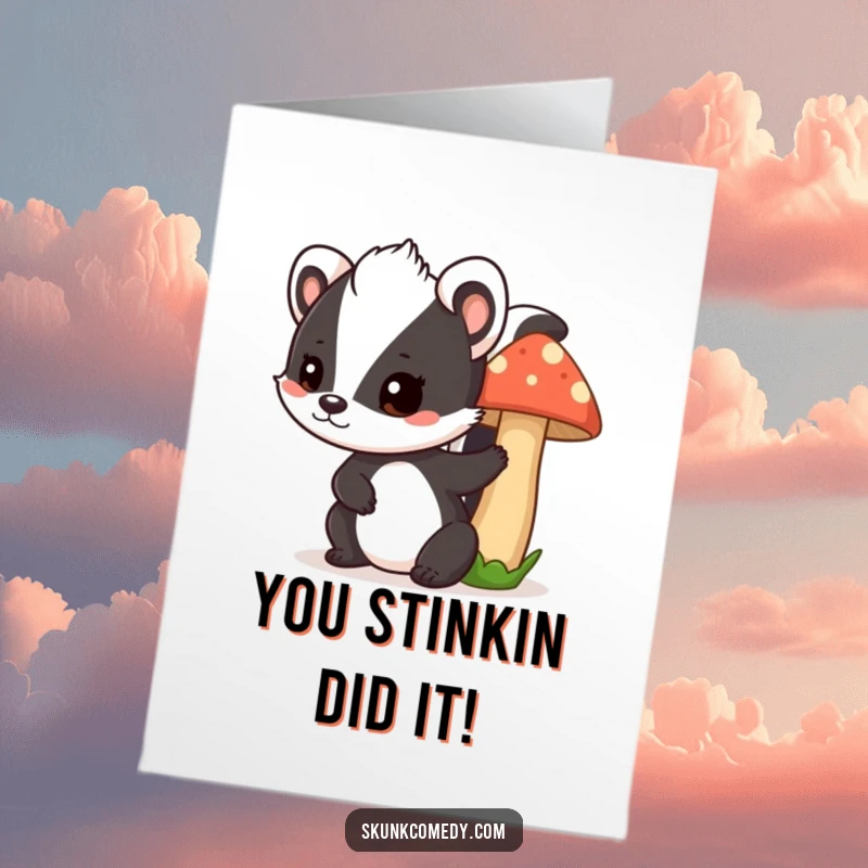 Funny Free Printable Congrats Card: A skunk playfully winks as it peeks from behind a mushroom.