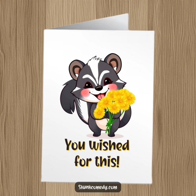 Funny free printable congratulations card featuring a grinning skunk holding an enormous bouquet of fluffy dandelions.