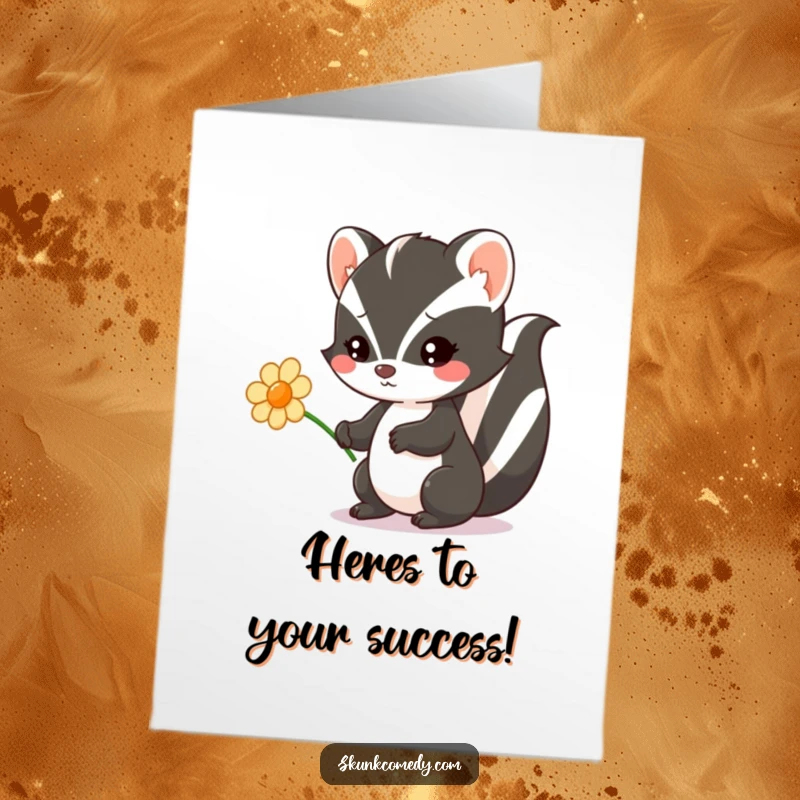 Funny free printable congratulations card featuring a Kawaii skunk charmingly offering a flower, celebrating your wonderful news.