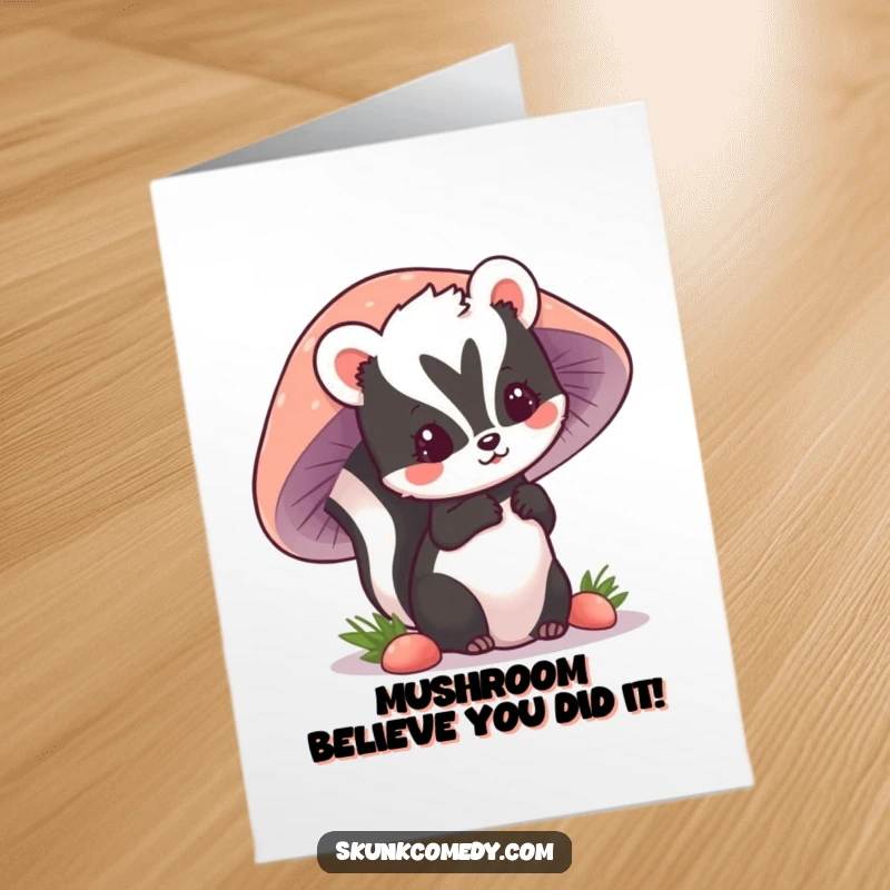 Funny Free Printable Congratulations Card: A cute kawaii skunk pops out from behind a large mushroom, perfect for celebrating achievements.