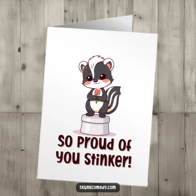 Free printable congratulations card: A dapper skunk stands proudly on a pedestal, offering a flower for your best wishes.