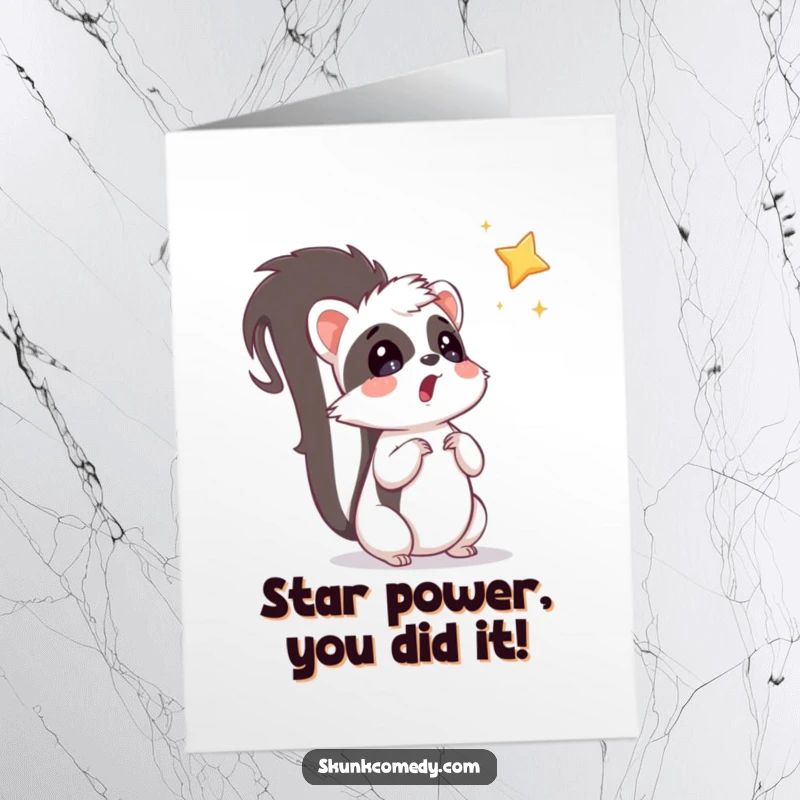 Funny Free Printable Skunk Congratulations Card: A surprised skunk looks up at a shiny falling star, amazed by your success.