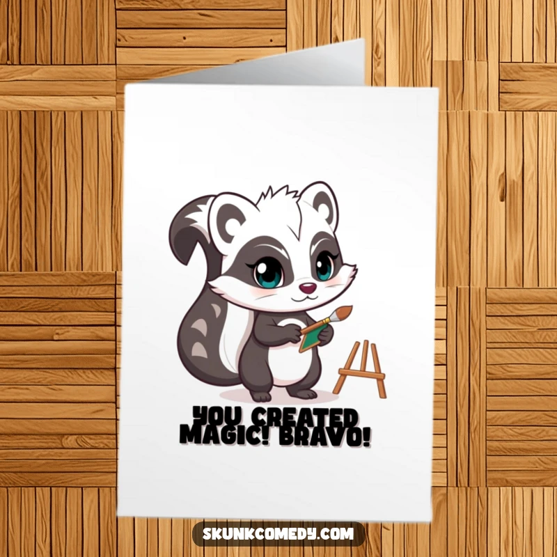 Funny free printable congratulations card depicts a skunk with a determined look, ready to paint.