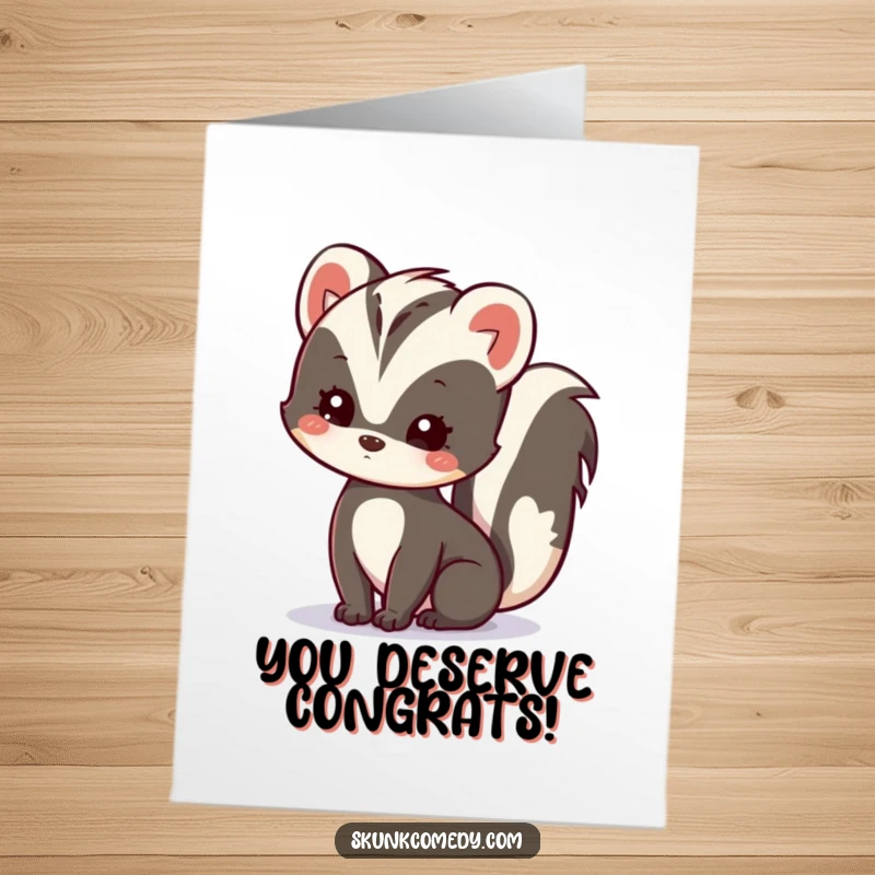 Funny Free Printable Congratulations Card with a curious kawaii skunk looking on, expressing gentle intrigue about your fantastic news.
