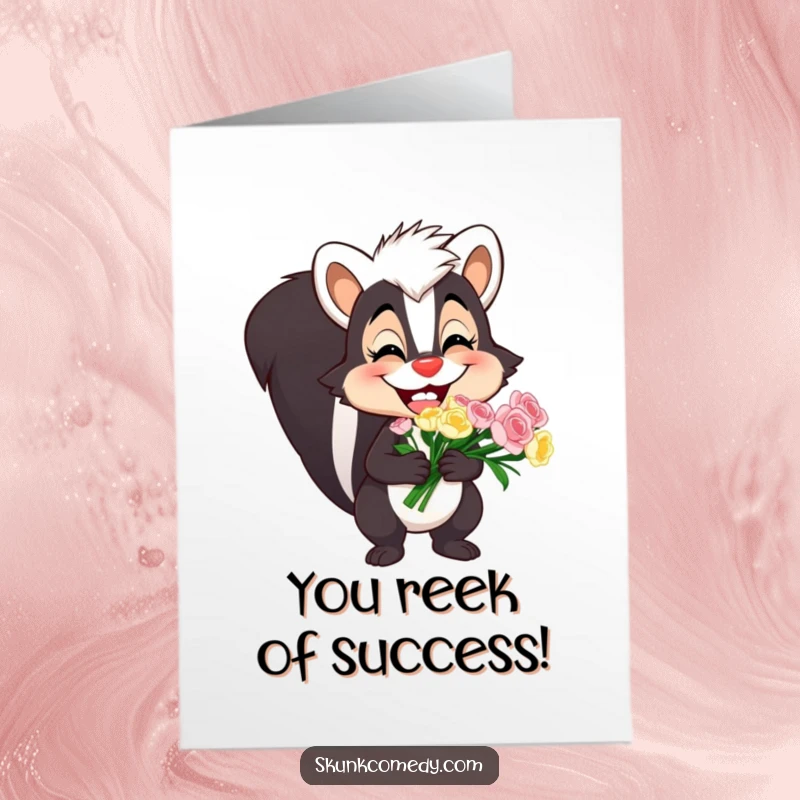 Funny free printable congratulations card showing a beaming skunk offering a lovely bouquet, perfect for celebrating achievements.