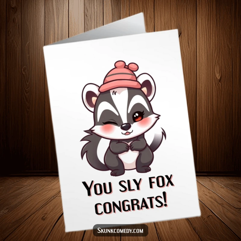 Free Printable Congratulations Card: A skunk wearing a small hat winks slyly, conveying congratulations with mischievous charm.