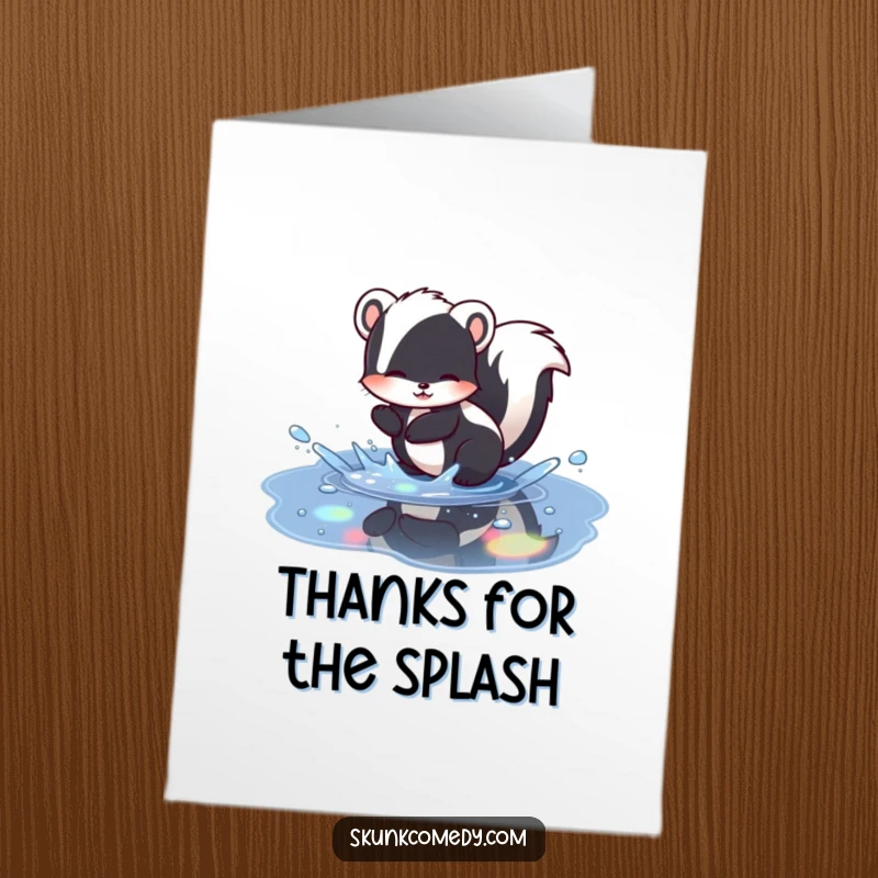 Funny free printable thank you card showing a happy skunk splashing playfully in a puddle with beautiful rainbow reflections.