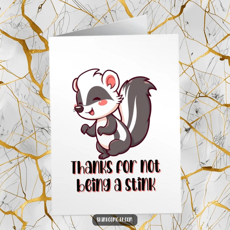 Funny Free Printable Thank You Card: A happy skunk is doing a lively jig, its tail held high in a joyful expression of thanks.