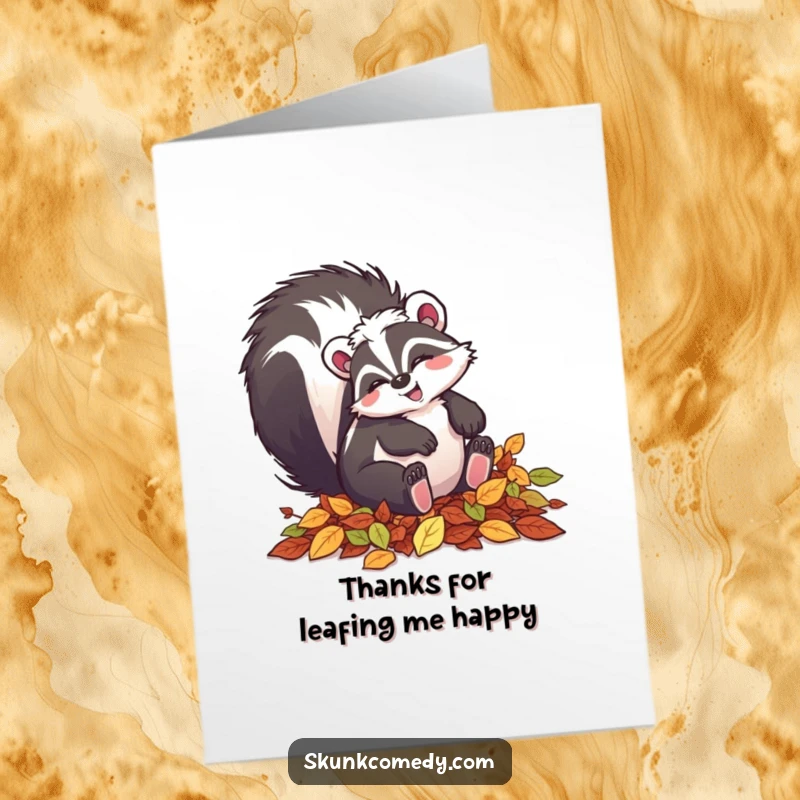 Funny Free Printable Thank You Card: A skunk with a smile playfully tumbling in a leaf pile, conveying sincere thanks.