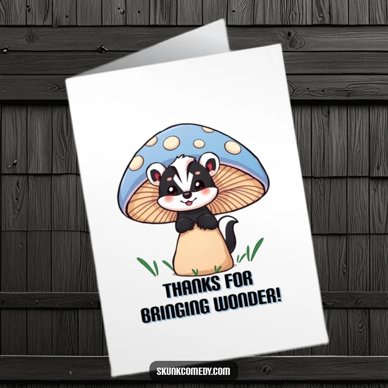 Funny Free Printable Thank You Card with a skunk peeking curiously from behind a large, colorful mushroom, a delightful surprise.