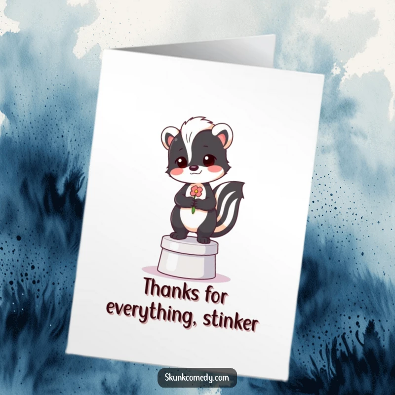 Funny free printable thank you card: A self-important skunk poses with a flower on a pedestal, expressing thanks.