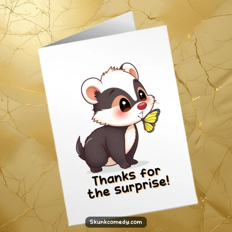 Funny Free Printable Thank You Card: A skunk reacts with surprise to a butterfly on its nose, a charming downloadable gift.