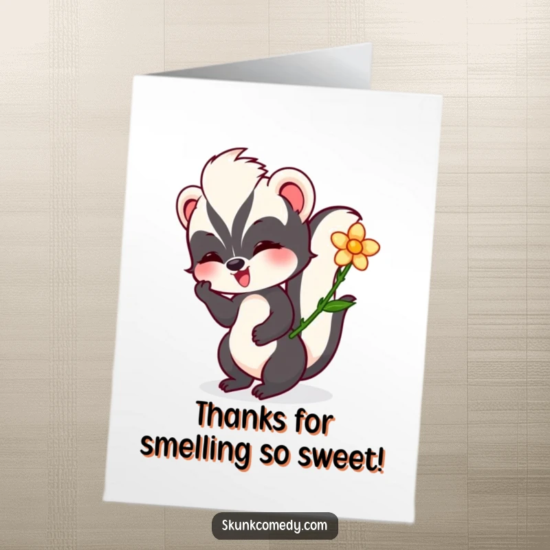 Funny Free Printable Thank You Card featuring a content skunk admiring a flower, perfect for expressing gratitude with charm.