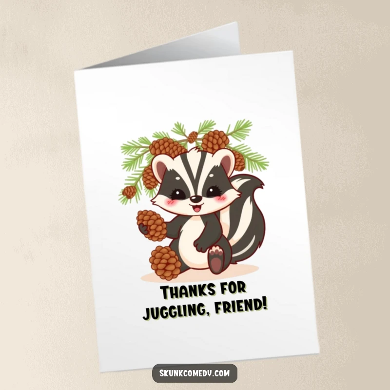 Funny Free Printable Thank You Card: A skunk skillfully juggling pinecones, offering thanks with a humorous, unique flair.