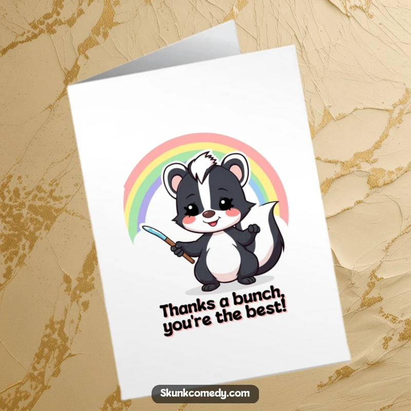 Funny Free Printable Thank You Card with a happy skunk artist painting a beautiful rainbow, a unique way to say thanks.