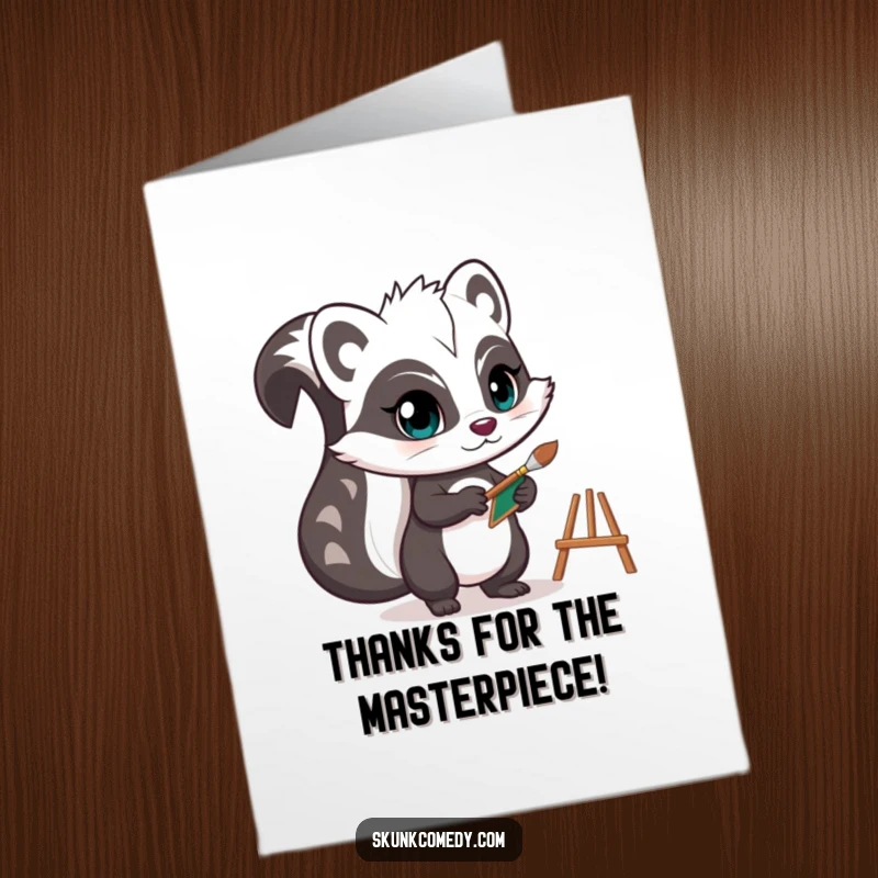 Funny free printable thank you card features a skunk with a determined expression, holding art supplies.