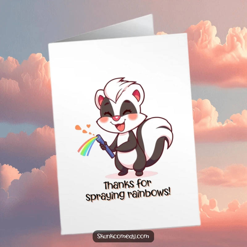 Funny Free Printable Thank You Card: Cheerful skunk creating a rainbow spray, showing thanks with a unique twist.