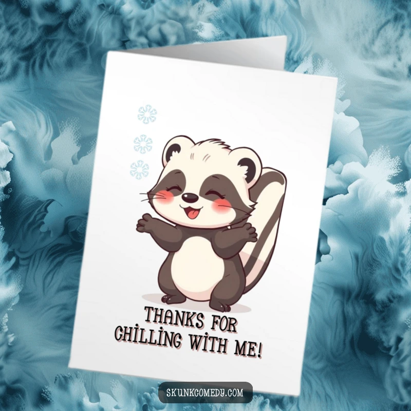 Funny Free Printable Thank You Card showing a skunk catching a snowflake. A sweet and humorous downloadable gift.