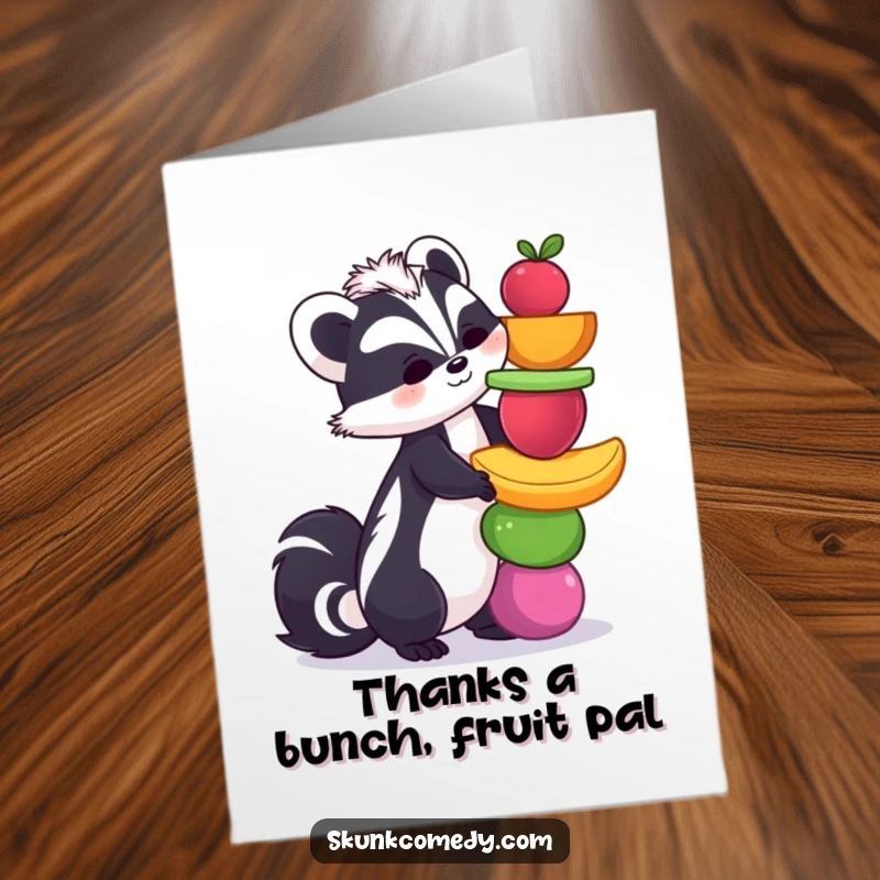 Funny free printable thank you card depicting a skunk struggling to balance a precarious tower of assorted colorful fruits.