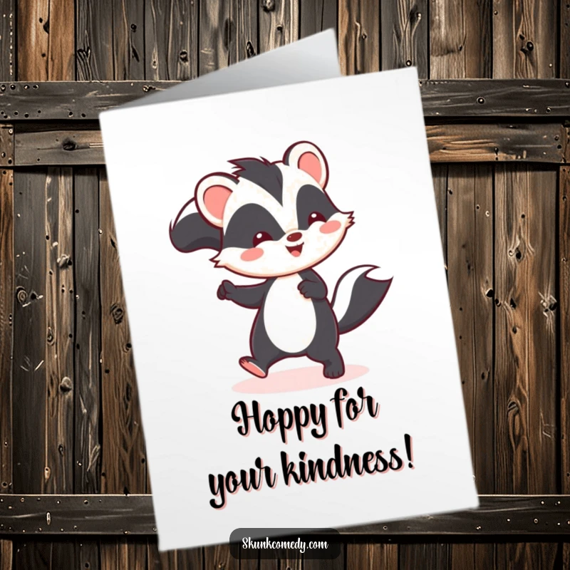 Funny Free Printable Kawaii Skunk Thank You Card: A happy skunk hopping with gratitude, perfect for a downloadable message.