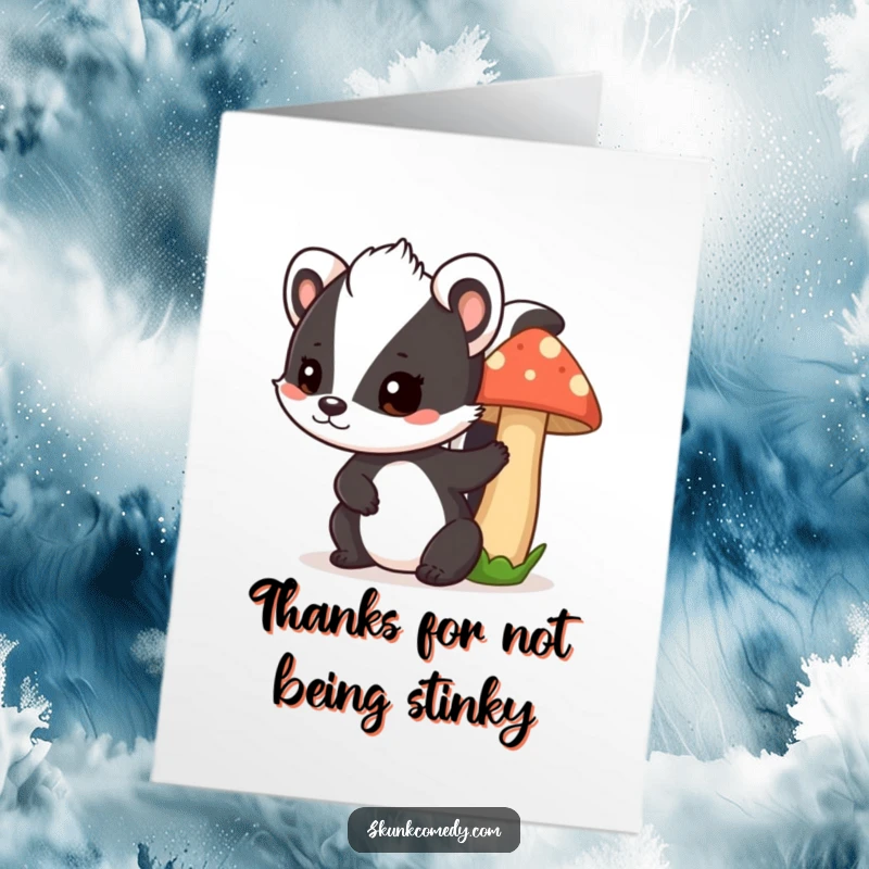 Funny Free Printable Thank You Card: A skunk with a playful wink peeks from behind a mushroom.