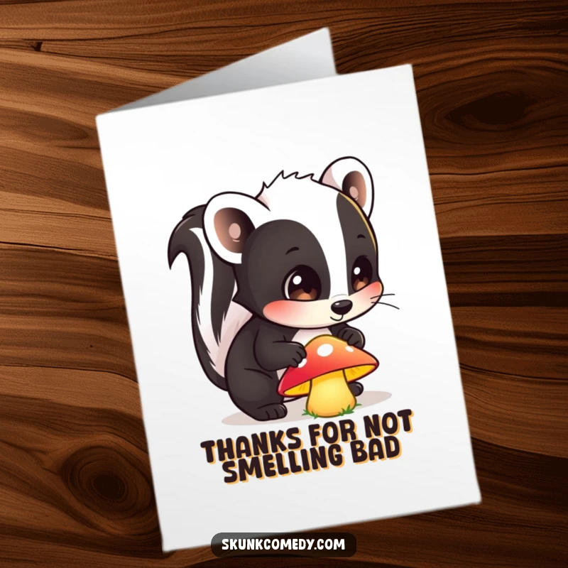 Funny Free Printable Thank You Card: A skunk curiously inspects a glowing mushroom, its wide eyes reflecting the magical light, a thank you with a twist.