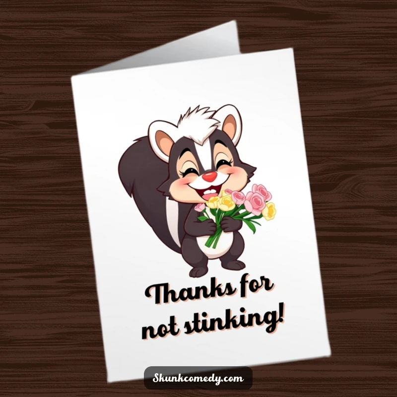 Funny free printable thank you card with a happy skunk holding a beautiful bouquet, ideal for expressing gratitude.