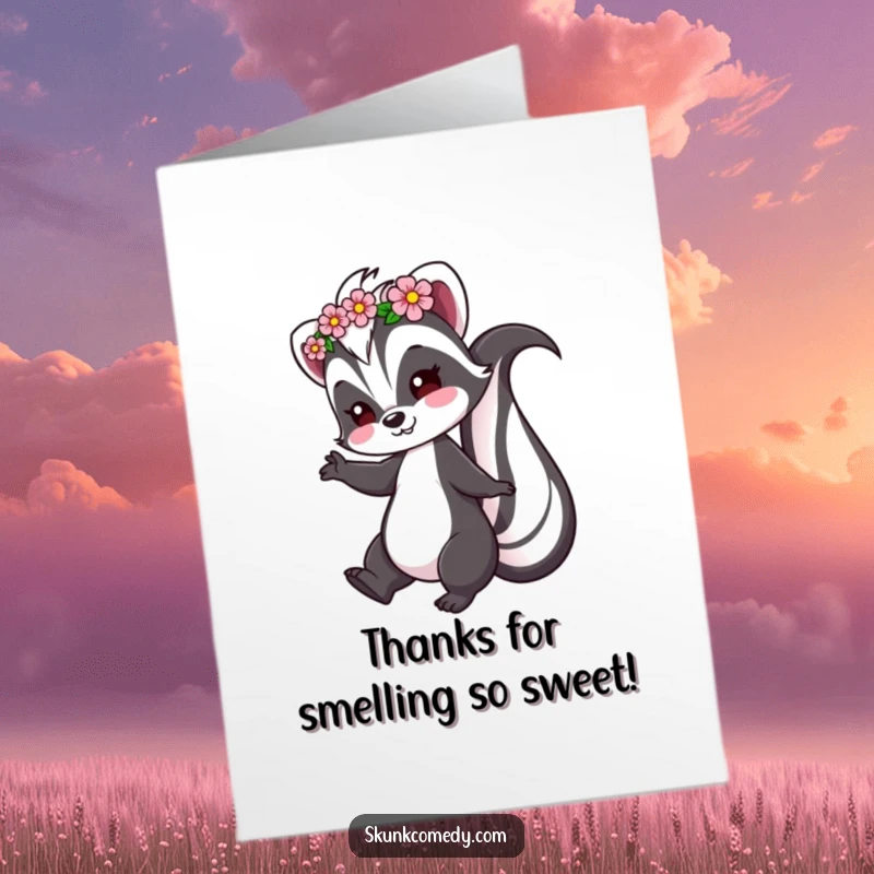 Funny Free Printable Thank You Card of a skunk wearing a flower crown, playfully twirling to express thanks.