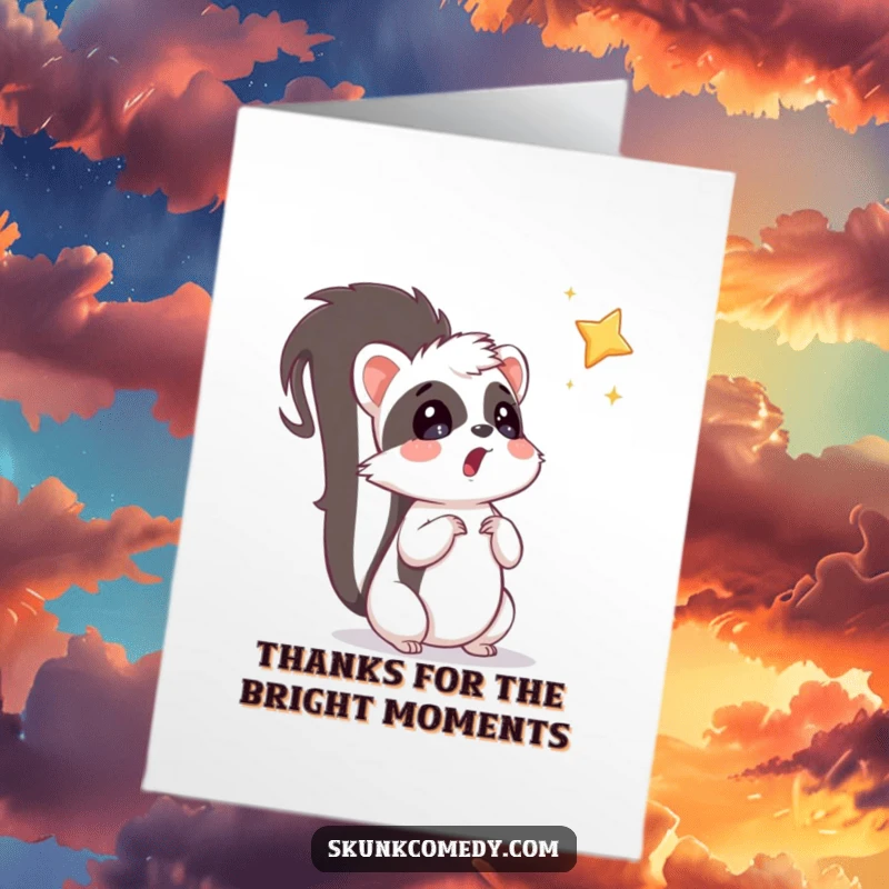 Funny Free Printable Skunk Thank You Card: A surprised skunk gazes up at a shiny falling star, sending thanks from its wonder.