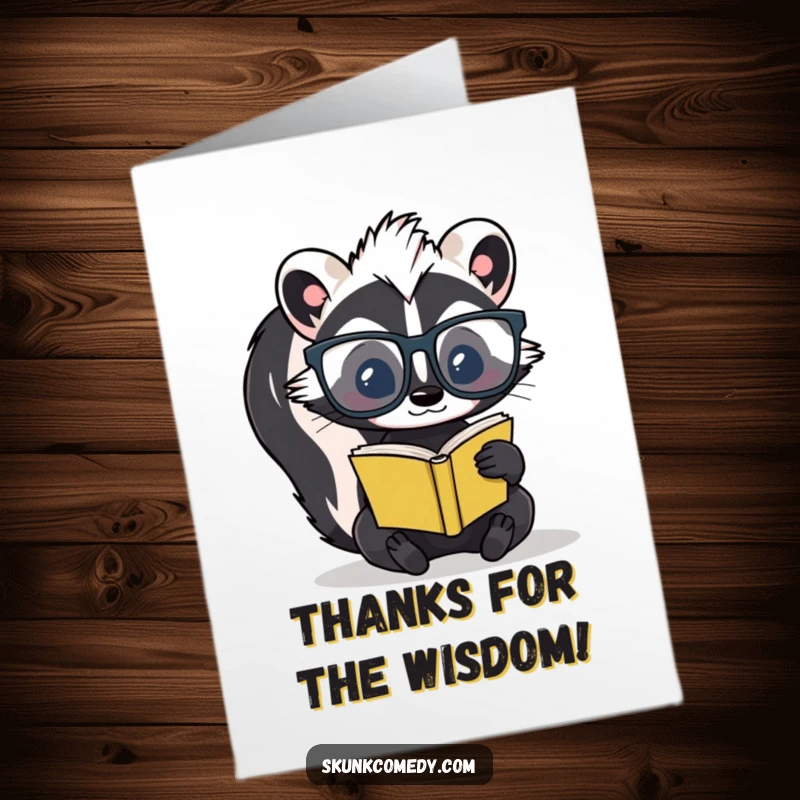 Funny Free Printable Thank You Card: A skunk with big glasses reads a miniature book, a thoughtful downloadable gift.