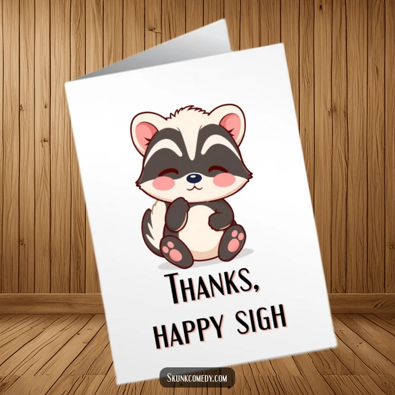 Funny Free Printable Thank You Card with a contented kawaii skunk, releasing soft puffs to represent a gentle sigh of thanks.