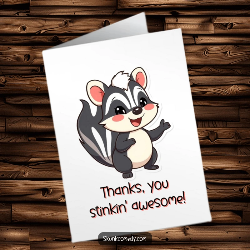 Funny Free Printable Thank You Card featuring a friendly skunk waving, perfect for expressing gratitude.