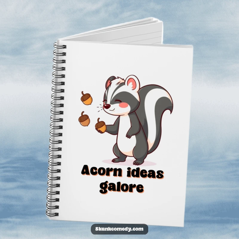 Funny skunk juggling three acorns on the cover of a notebook, inspiring creative and humorous note-taking.