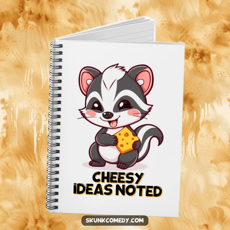 Funny Kawaii skunk notebook, a mischievous skunk with a grin holding cheese, for jotting notes with cute flair.