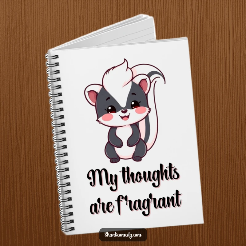 Funny Kawaii Skunk notebook with a smiling skunk and its tail held high, perfect for jotting down ideas with a friendly touch.