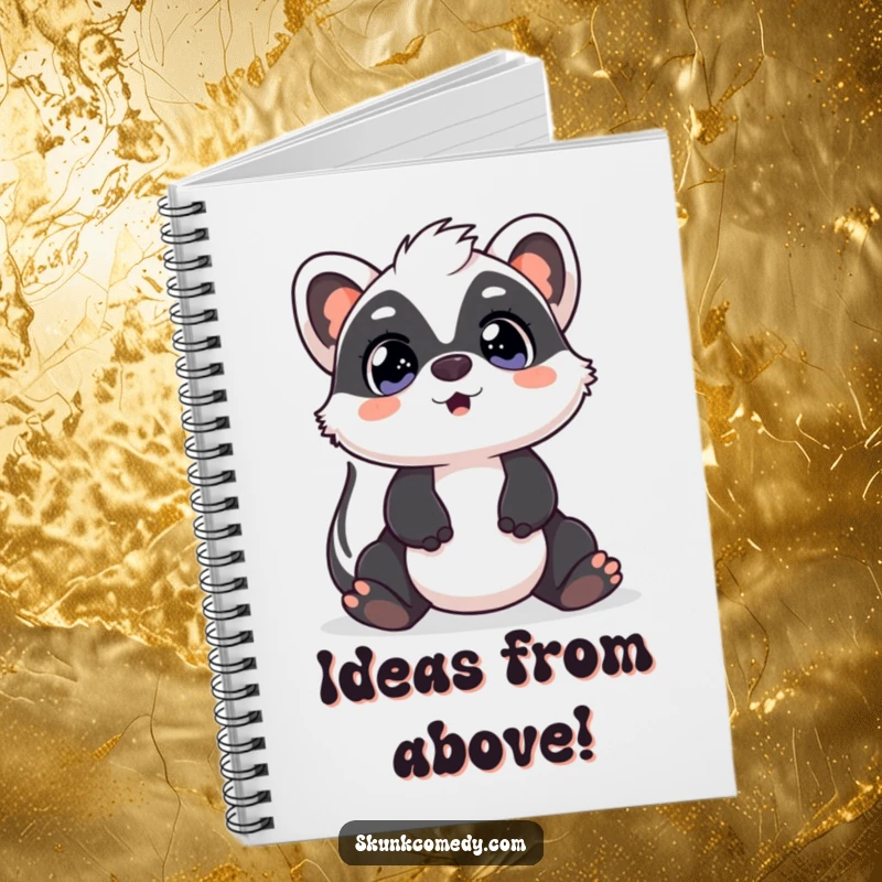 Funny Kawaii Skunk notebook with a skunk’s surprised, wide eyes looking up, perfect for jotting down ideas with a touch of amusement.