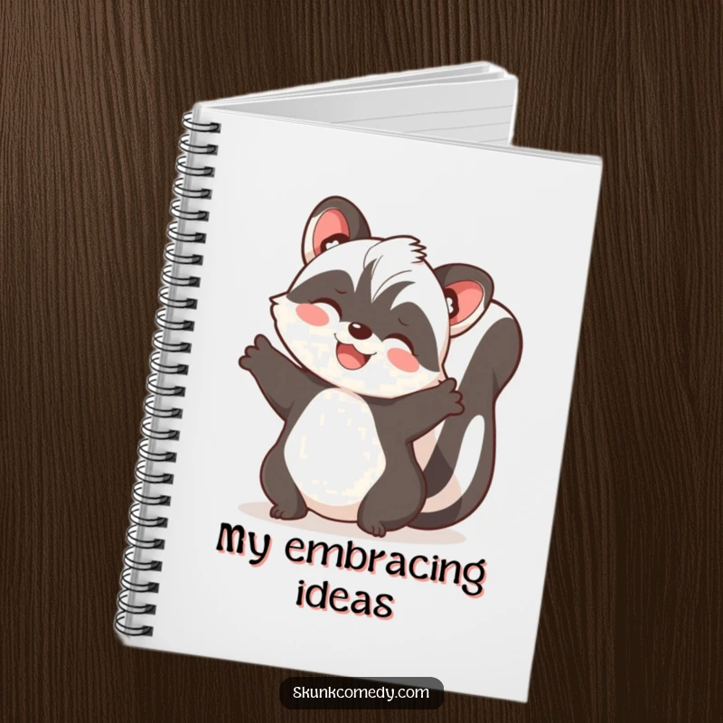 Funny skunk notebook depicting a skunk with paws spread wide, ready to offer a joyful embrace for your notes.