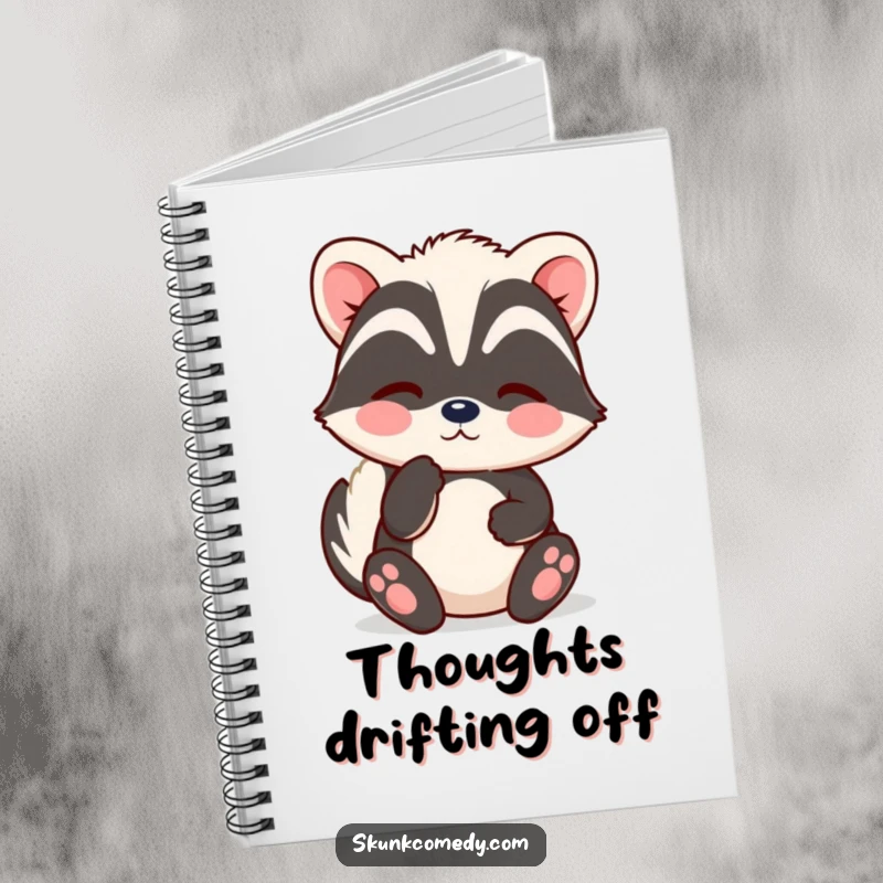 Funny Kawaii Skunk Notebook with a skunk sighing contentedly, perfect for relaxed note-taking and journaling, a great gift.