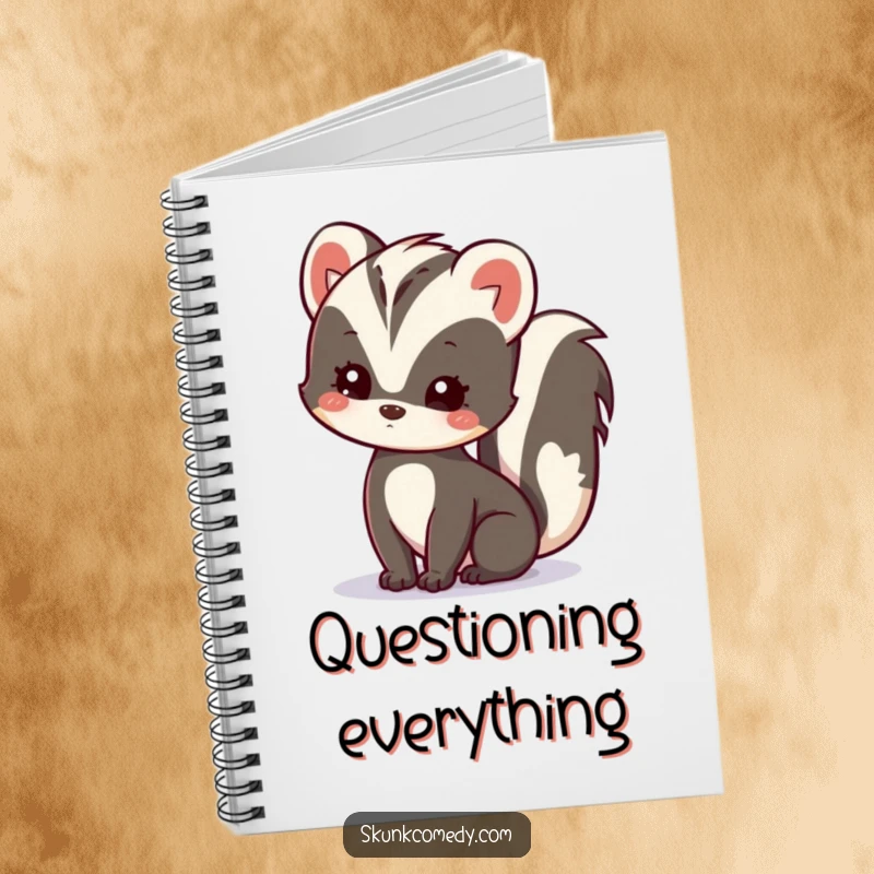 Funny Kawaii Skunk Notebook with a skunk tilting its head, symbolizing gentle curiosity for writing and note-taking, a perfect gift.