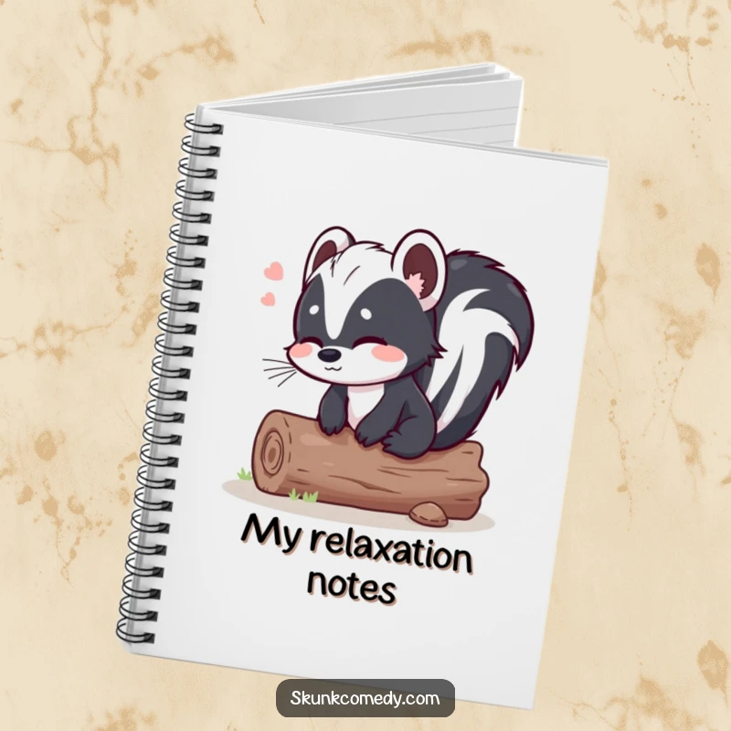 Funny skunk log notebook, a skunk sits on a comfortable log with a relieved sigh, perfect for jotting down peaceful thoughts.