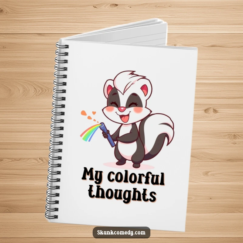 Funny skunk notebook, cheerfully spraying a rainbow, perfect for writing, drawing, and journaling.