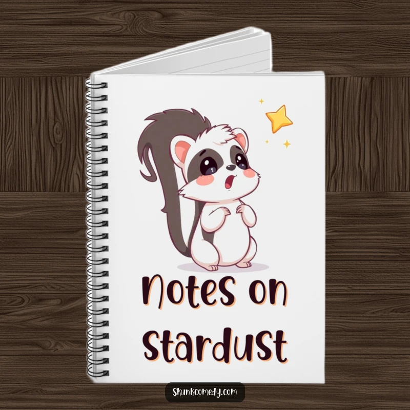 Funny surprised skunk looking at a falling star, illustrating whimsical humor in this notebook.