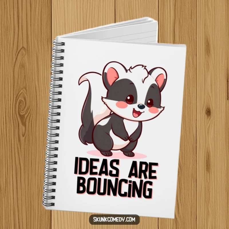 Funny Kawaii Skunk Notebook with a cheerful skunk and a happy tail wag, perfect for journaling happy thoughts and ideas, a great gift.