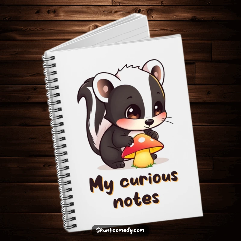 Funny notebook featuring a curious skunk with wide eyes sniffing a glowing mushroom, ideal for jotting down notes with woodland charm.